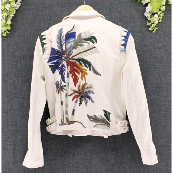 BLANK NYC Women's Vegan Faux Leather Embroidered Palm Tree Moto Jacket Sz S - Picture 2 of 9